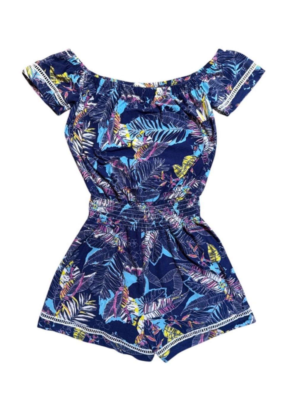 shosho Navy Tropical Leaf Off-Shoulder Romper